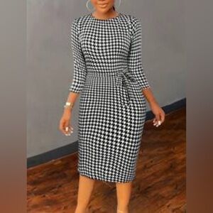 Shein Elegant Black & White Houndstooth Dress Long Sleeve Belted Casual Size XL